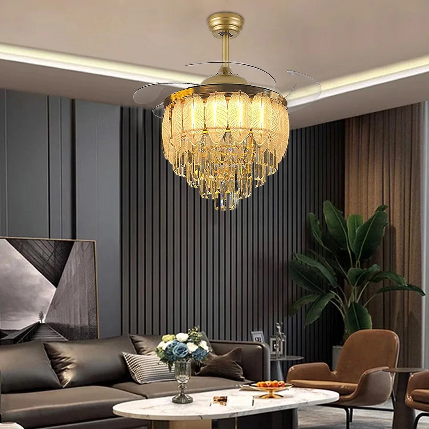 Glass Leaf Chandelier Fan With Remote