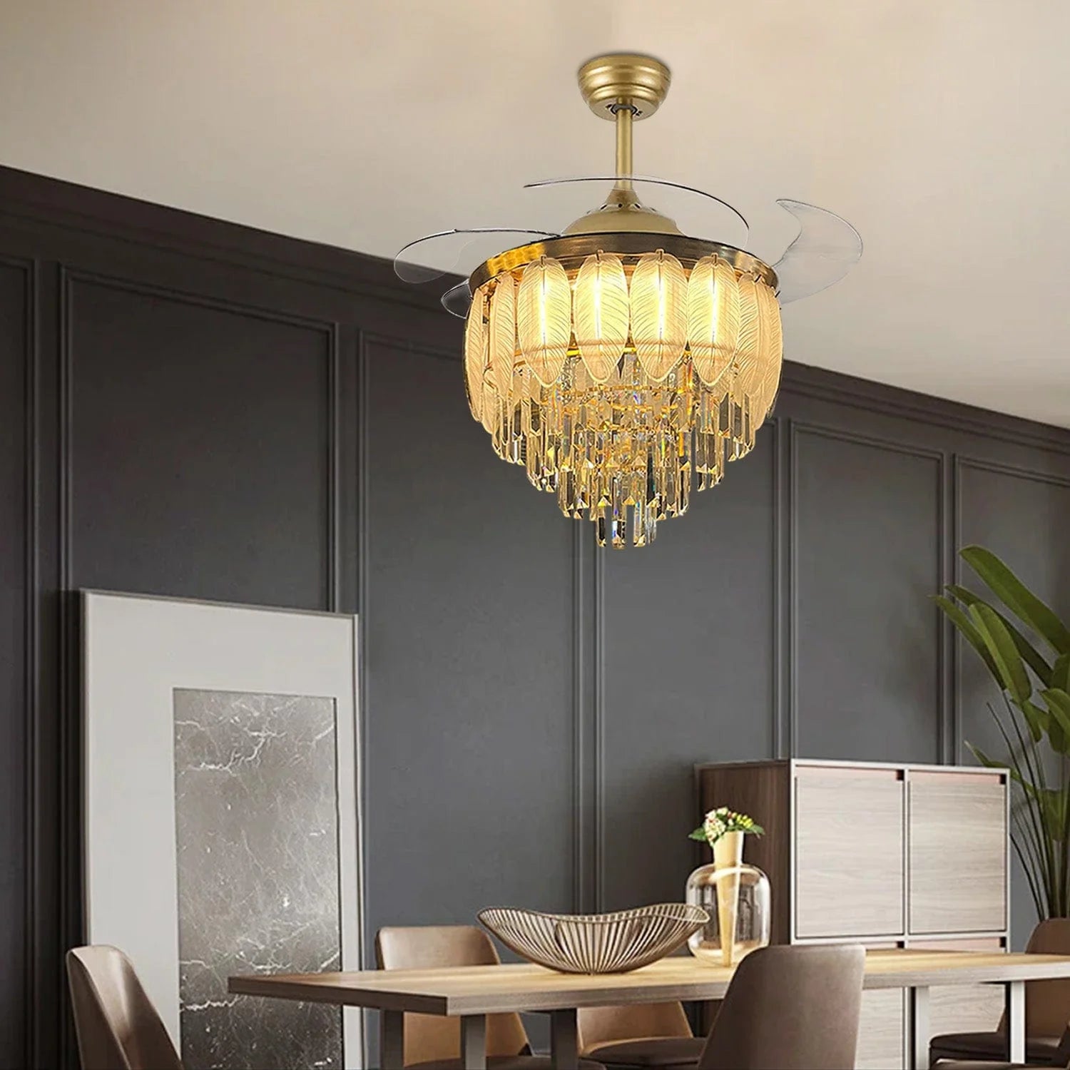 Glass Leaf Chandelier Fan With Remote