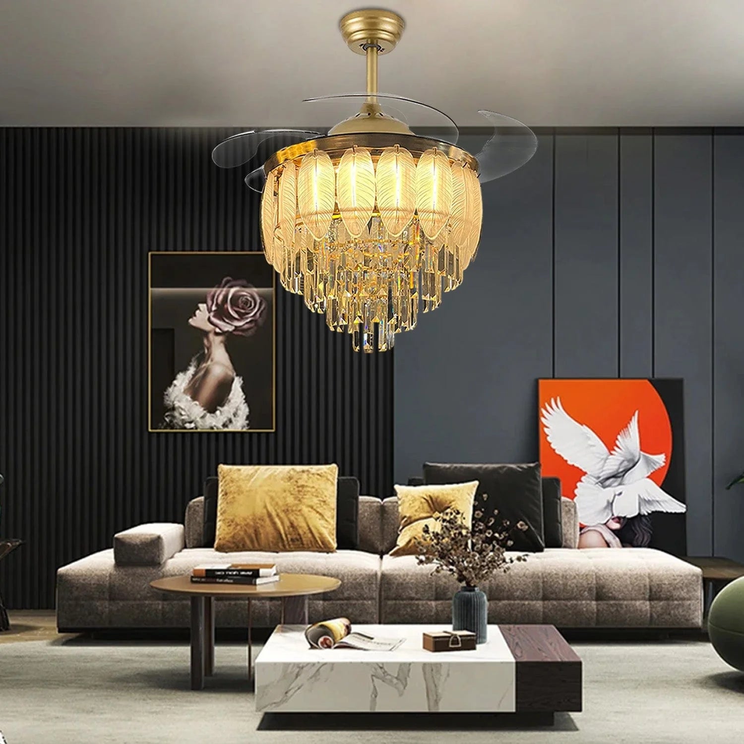 Glass Leaf Chandelier Fan With Remote