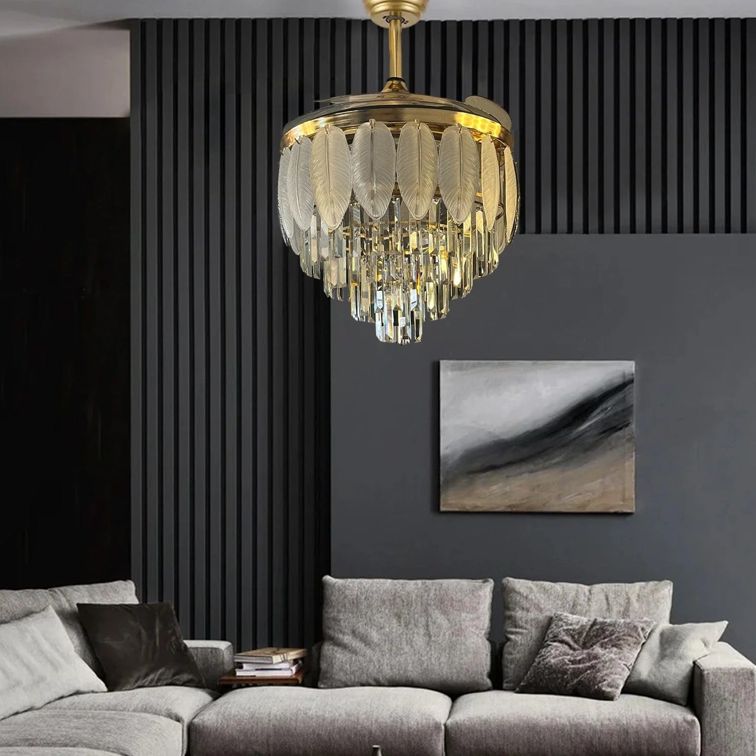 Glass Leaf Chandelier Fan With Remote